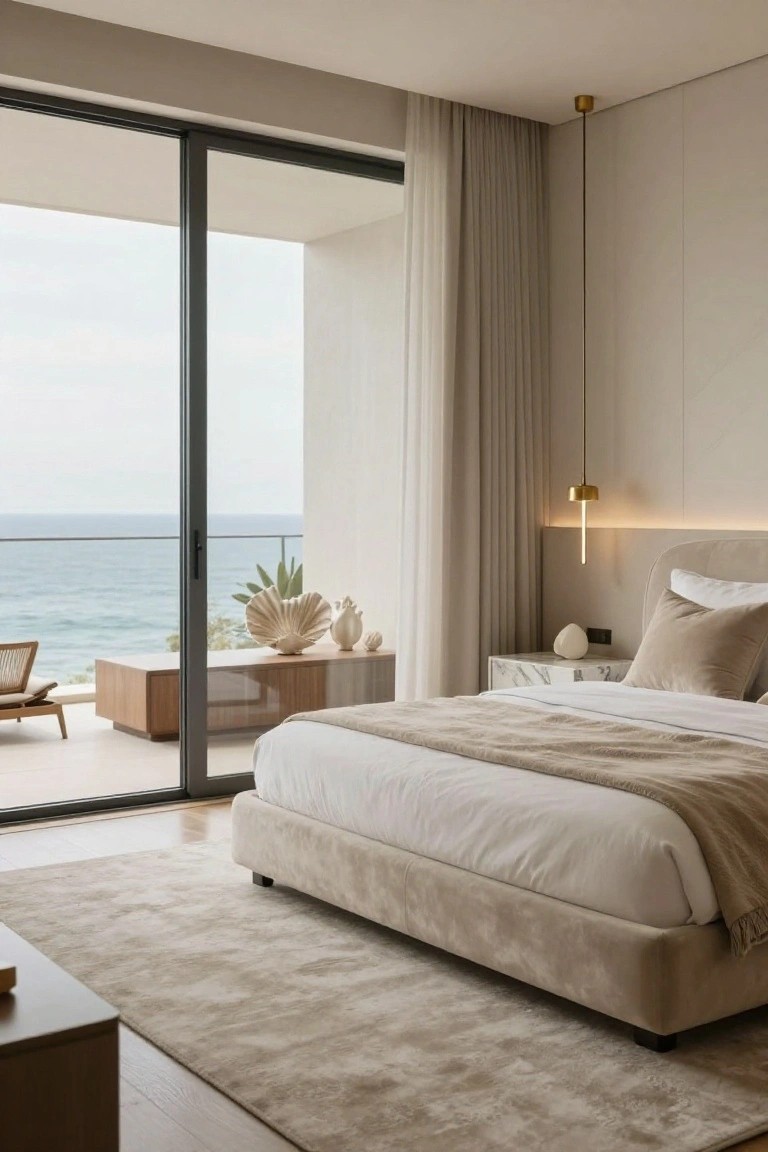 Modern bedroom in beige tones with a large upholstered bed, marble nightstand, decorative shells, and floor-to-ceiling black-framed sliding doors opening to a wooden balcony overlooking the ocean.