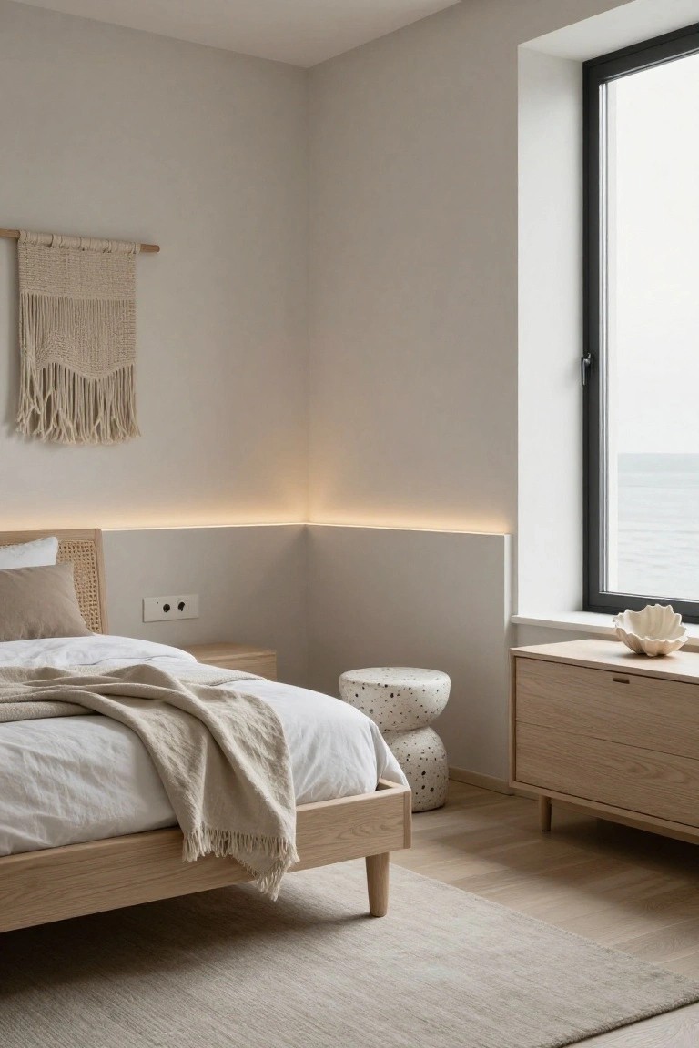Light beige bedroom corner with low oak wood bed draped in white sheets and beige throw, rattan headboard, macrame wall hanging, dotted ceramic stool, wood dresser holding white shell bowl, soft LED lighting glowing along wall edges, and large black-framed window showing sea view.