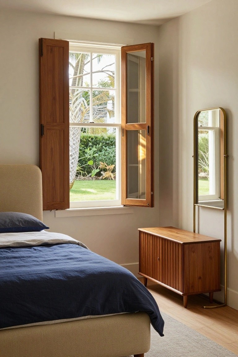 Bedroom interior with beige upholstered bed covered in navy and white linens, wood slatted credenza nightstand, tall gold mirror, and open louvered wood shutters on white-framed window showing tropical garden view.