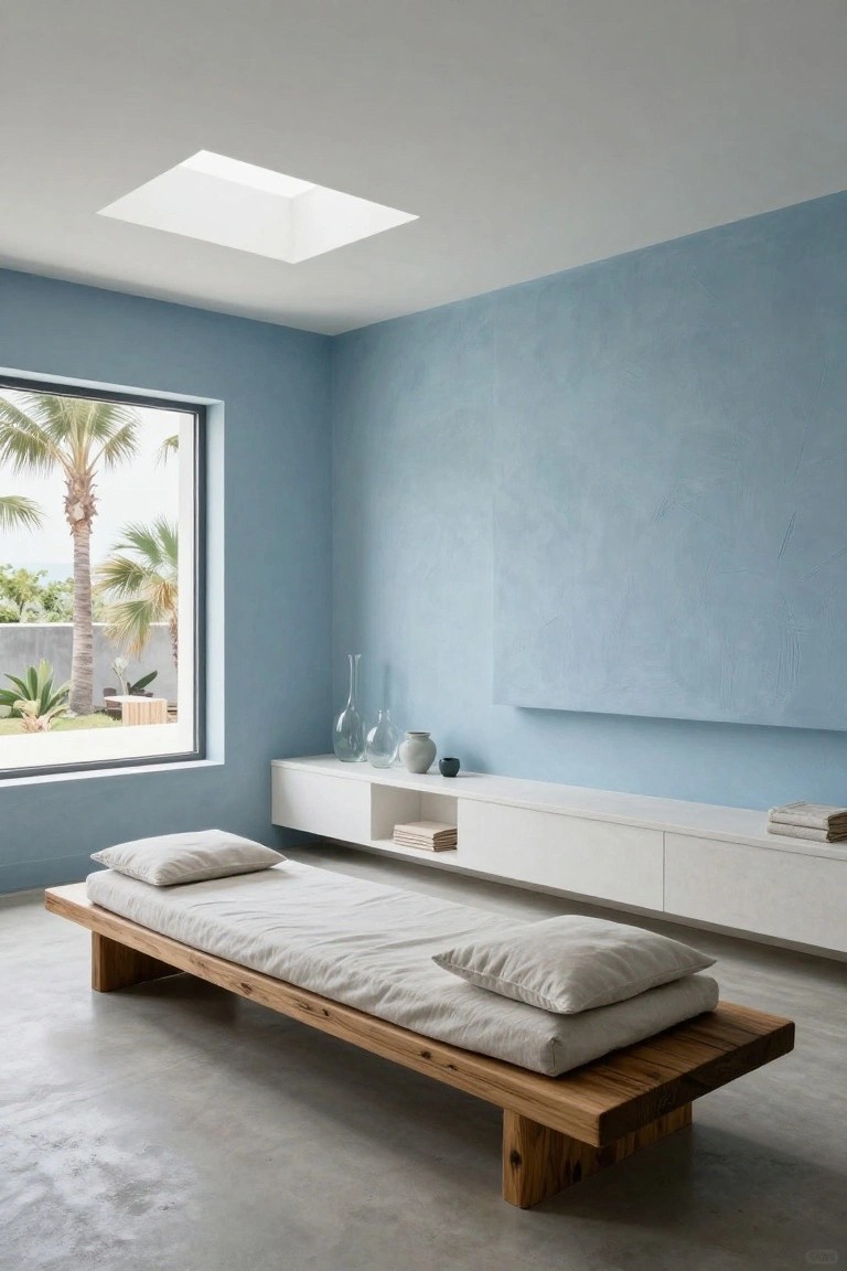 Minimalist bedroom with light blue textured walls, low wooden platform bed topped with white linens and pillows, white floating cabinetry, glass vases, large window showing palm trees and garden, and skylight above.