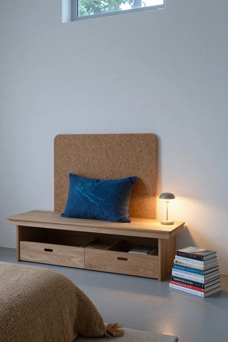 Oak bench-style bed frame with drawers and cork headboard in a white-walled bedroom, featuring a blue pillow, gray lamp, stack of books, wool throw on the floor, and window with trees outside.