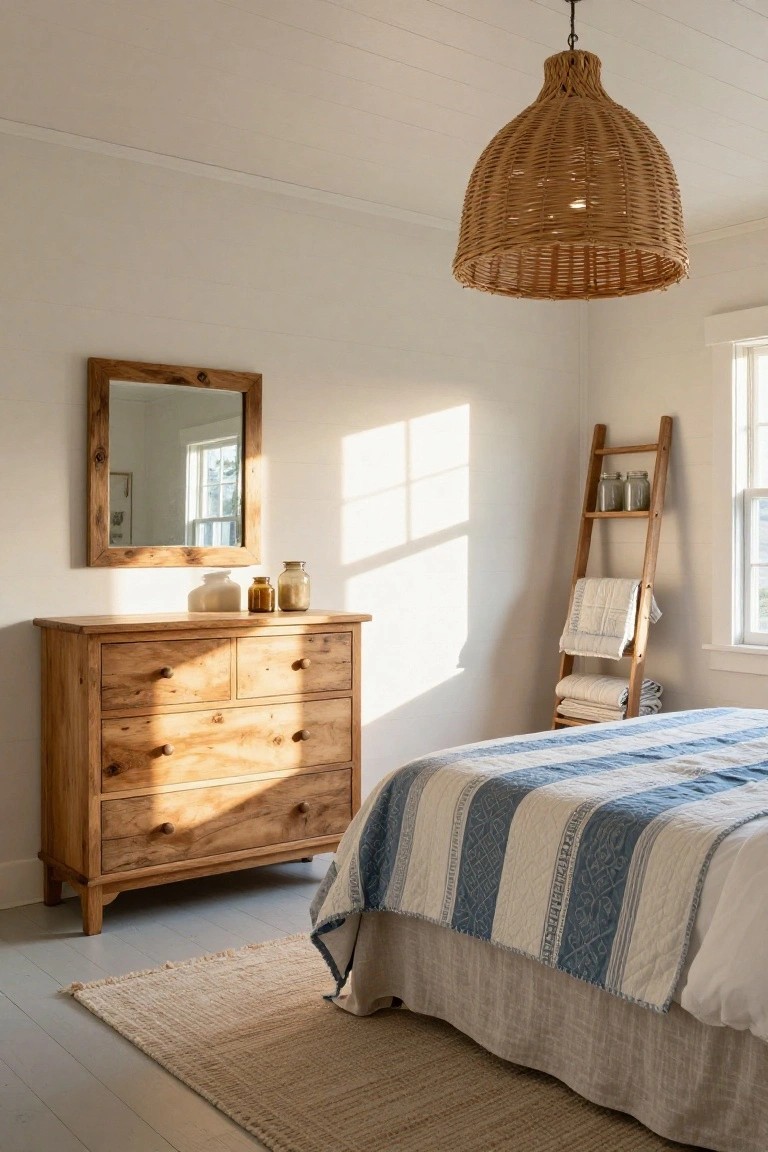Sunlit bedroom corner with wooden four-drawer dresser topped by white vase and glass jars, wooden ladder shelf holding folded towels and jars, rattan pendant lamp overhead, framed mirror on wall, and bed with blue-and-white striped quilt on seagrass rug.