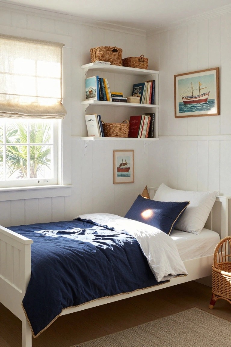 Bright bedroom with white shiplap walls, white wooden bed frame covered in navy quilted duvet and white sheets, built-in shelves holding books and baskets, nautical boat artwork, linen window shade, and view of palm tree outside.