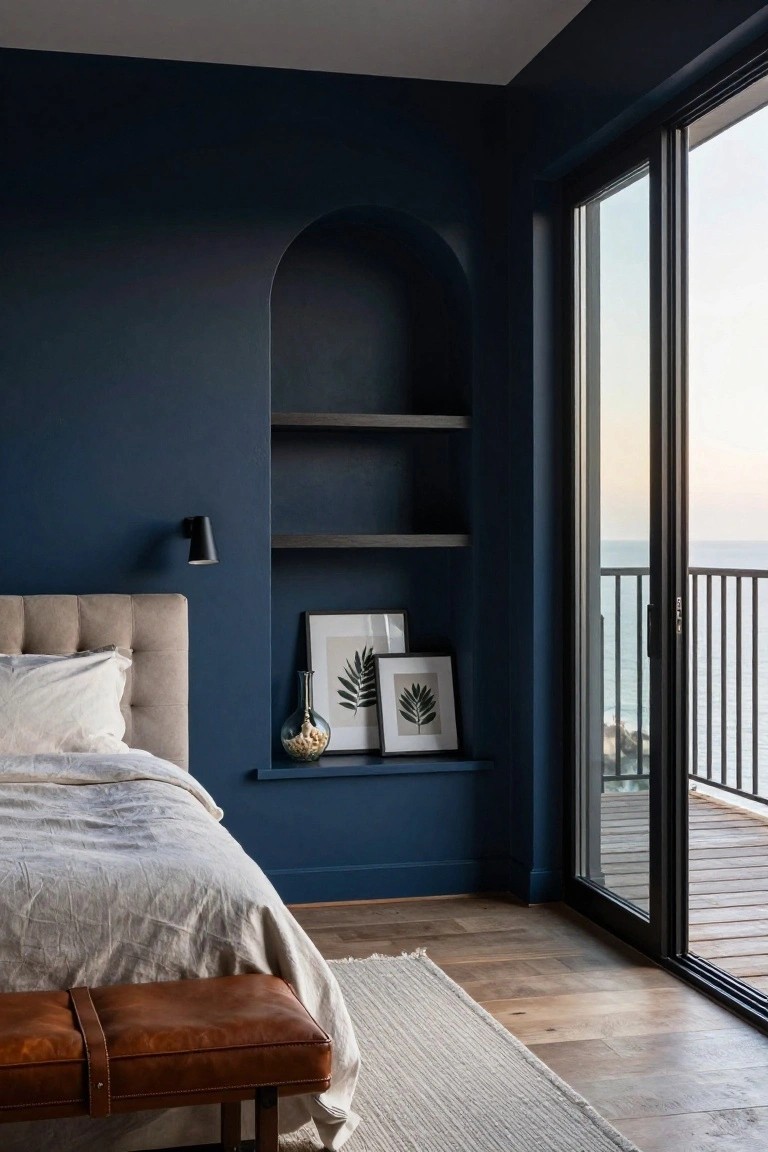 Bedroom interior with deep navy blue walls, beige tufted upholstered headboard and white linen bed, brown leather bench at foot, black wall sconce, arched niche with dark wood shelves holding vase and framed art, and sliding glass doors to balcony overlooking ocean at sunset.