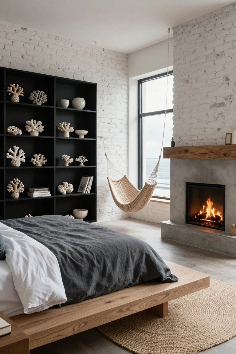 Modern bedroom with low wooden platform bed covered in gray and white linens, black open shelving unit displaying white coral sculptures and ceramics against white brick walls, beige hanging hammock, concrete fireplace with burning fire, and large window overlooking the ocean.