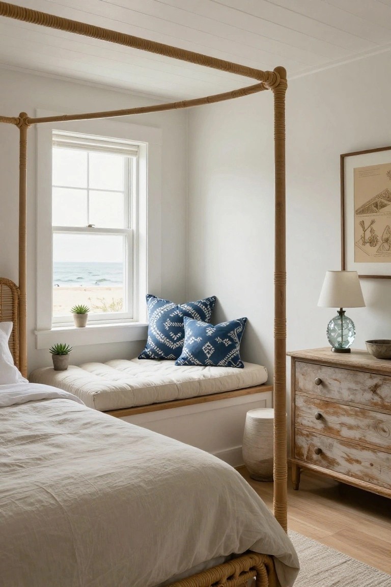 Coastal bedroom with tall rattan canopy bed holding white linens, cushioned bench under window overlooking ocean and beach with blue pillows and potted succulents on sill, wooden dresser, lamp, and white walls.