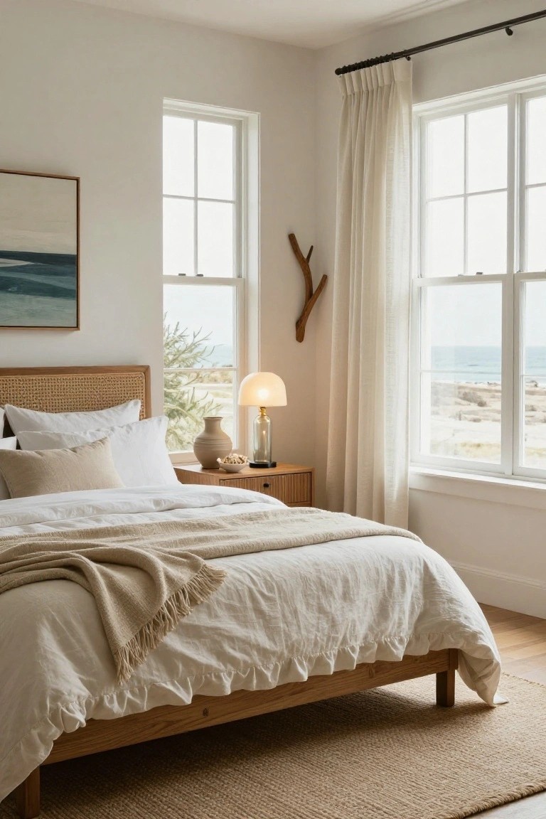 Bedroom with rattan headboard on wooden bed frame, white linens and beige throw, wooden nightstand with lamp and vase, sheer curtains on large windows showing ocean view, driftwood branch on wall, beige seagrass rug on wood floor.