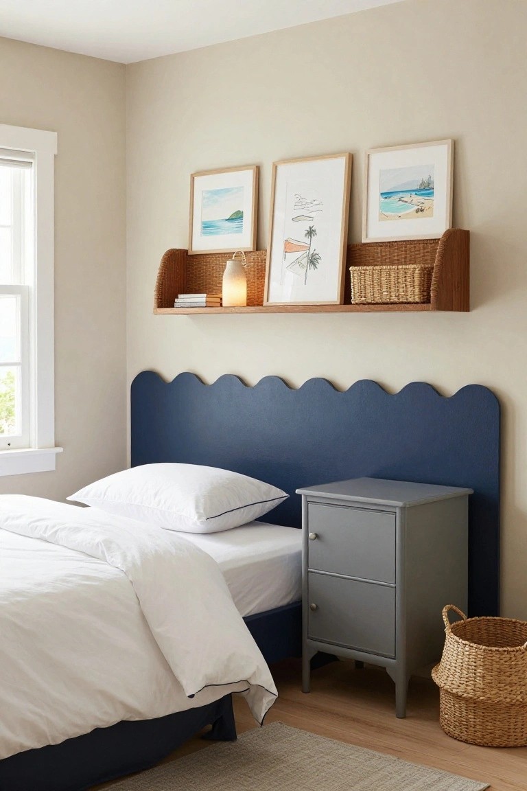 Bedroom interior with navy blue scalloped headboard on a bed with white bedding and blue piping, gray nightstand, wicker basket on wood floor, beige walls, and wall shelf holding books, vase, and framed beach artwork.