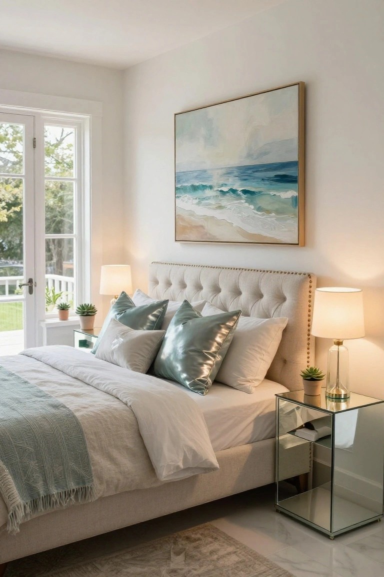 Modern bedroom with beige tufted headboard, shiny teal metallic pillows, white bedding, large abstract seascape painting above bed, potted succulents, glass table lamps, and French doors to garden.