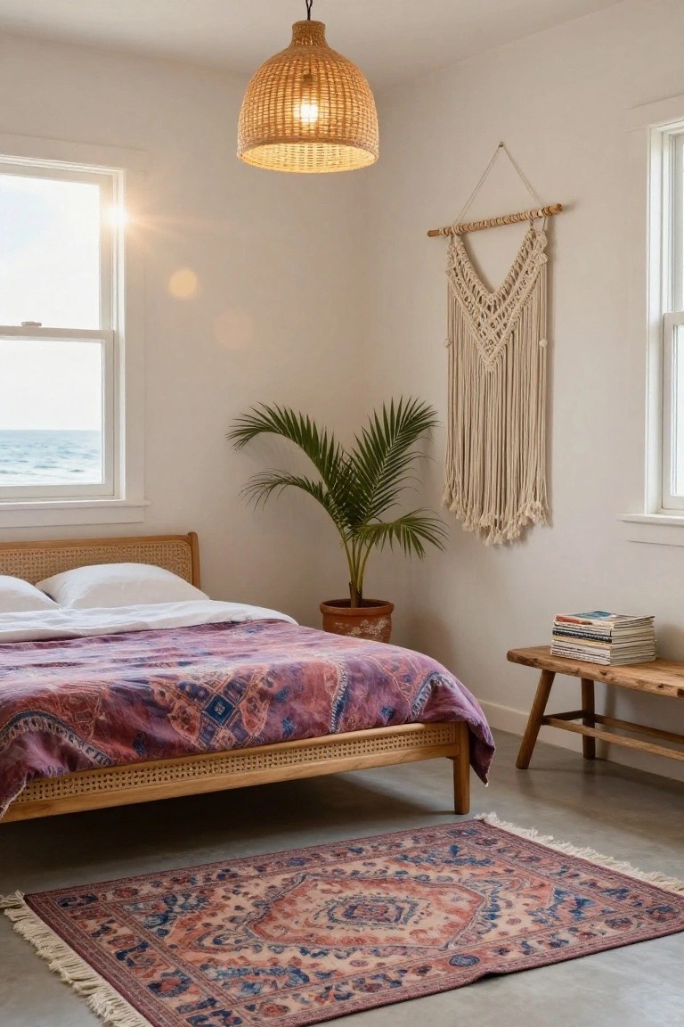 Sunlit bedroom with rattan bed frame, purple patterned bedspread, white pillows, macrame wall hanging, potted palm plant, wooden bench with stacked magazines, woven rug on concrete floor, and ocean view through white-framed windows.