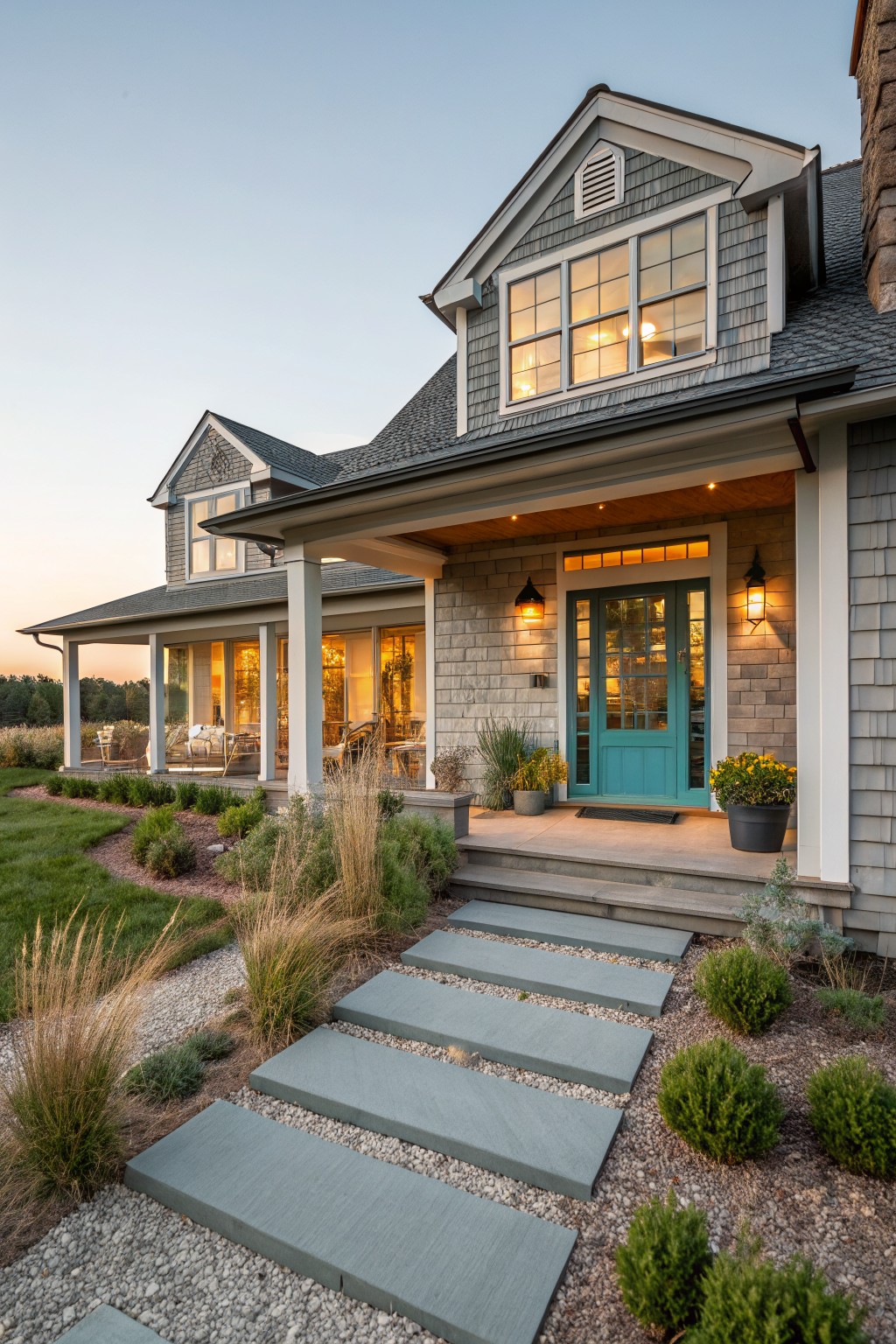 Modern house with teal door, stone steps, and landscaped front yard at dusk.