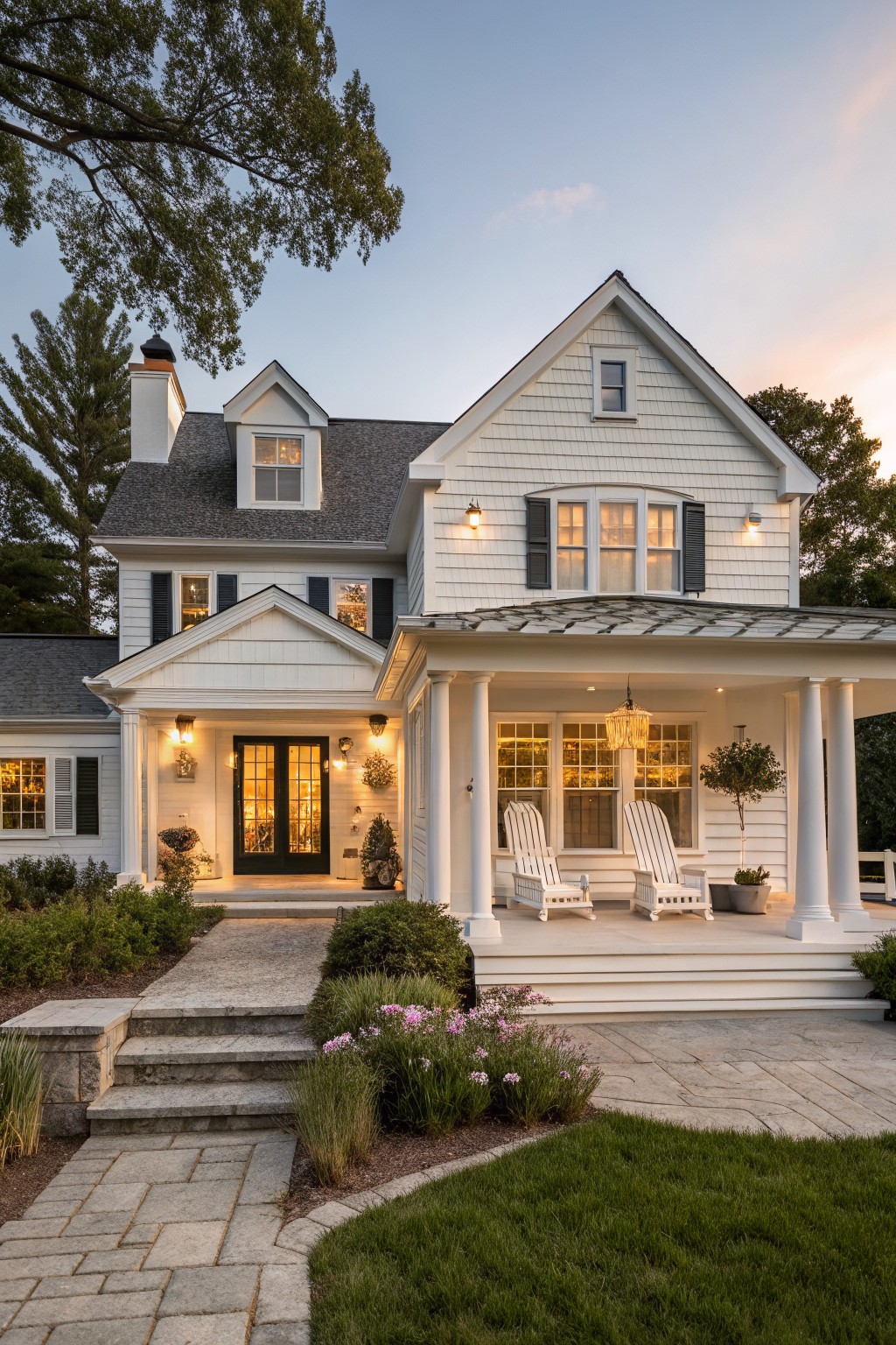 White shingle-sided two-story house with gabled roofs, column-supported covered front porch, lanterns, Adirondack chairs, black double doors, stone steps, pathway, and landscaping at dusk.