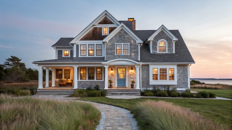 Front view of a two-story shingled house with white trim, an arched portico supported by columns on stone bases, a blue front door, flanked windows, and a stone path through grass leading to steps.