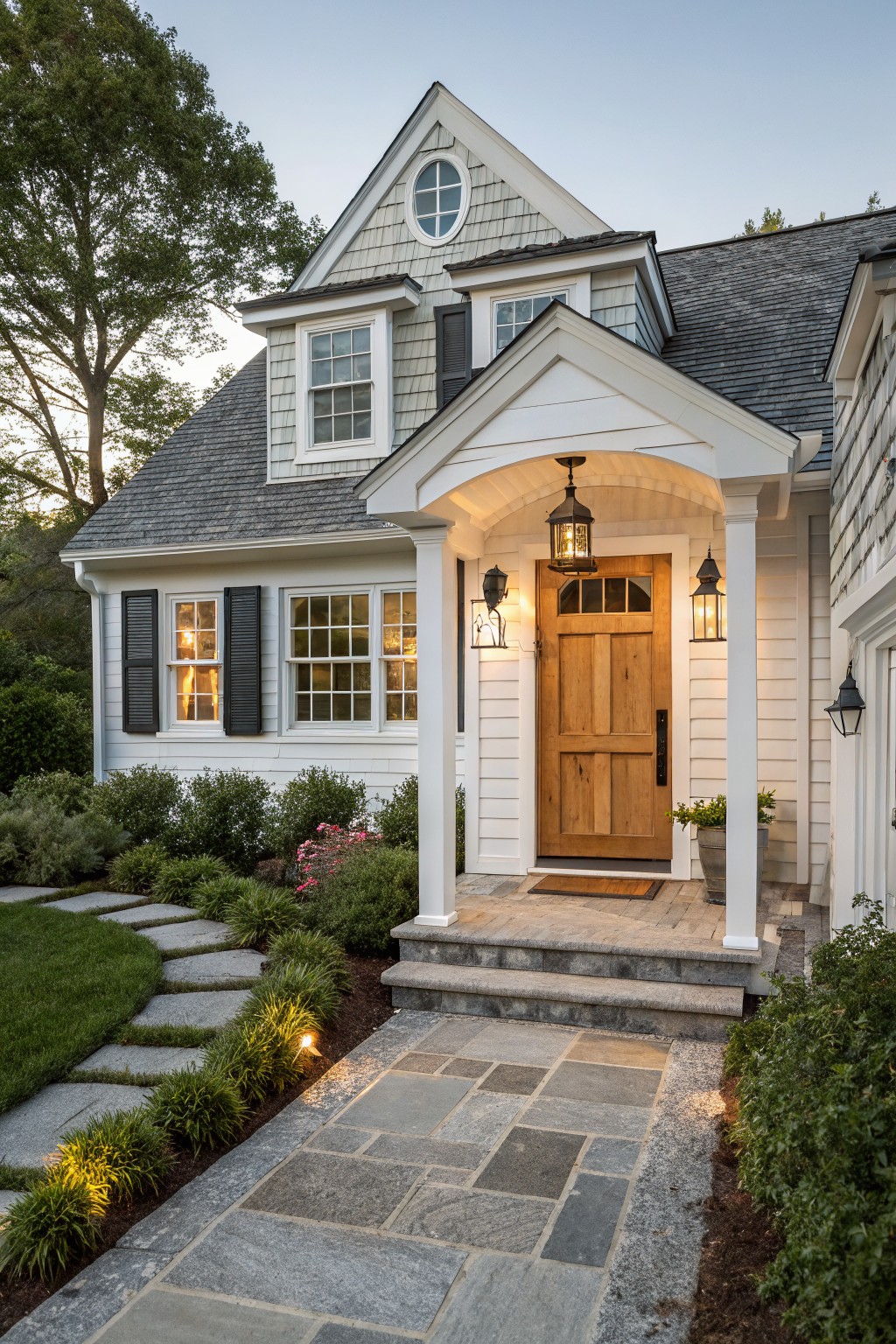 White shingled Cape Cod style house with gabled covered porch, wooden paneled front door, hanging lanterns, stone steps, bluestone pathway, and low shrubs in the front yard.