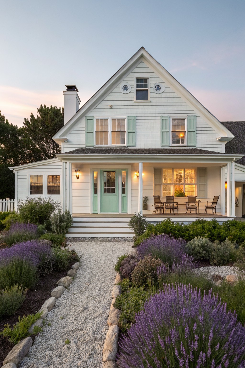 White shingled Cape Cod style house with seafoam green front door and shutters, covered front porch with wicker furniture, gravel pathway lined with lavender plants and shrubs at evening.