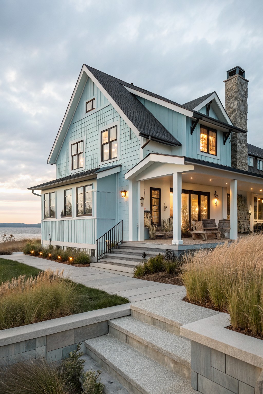 A two-story modern farmhouse exterior with light blue clapboard siding, white trim, gabled black roof, stone chimney, wraparound porch with black metal railing, concrete entry steps, ornamental grasses, and a lakeside view at dusk.