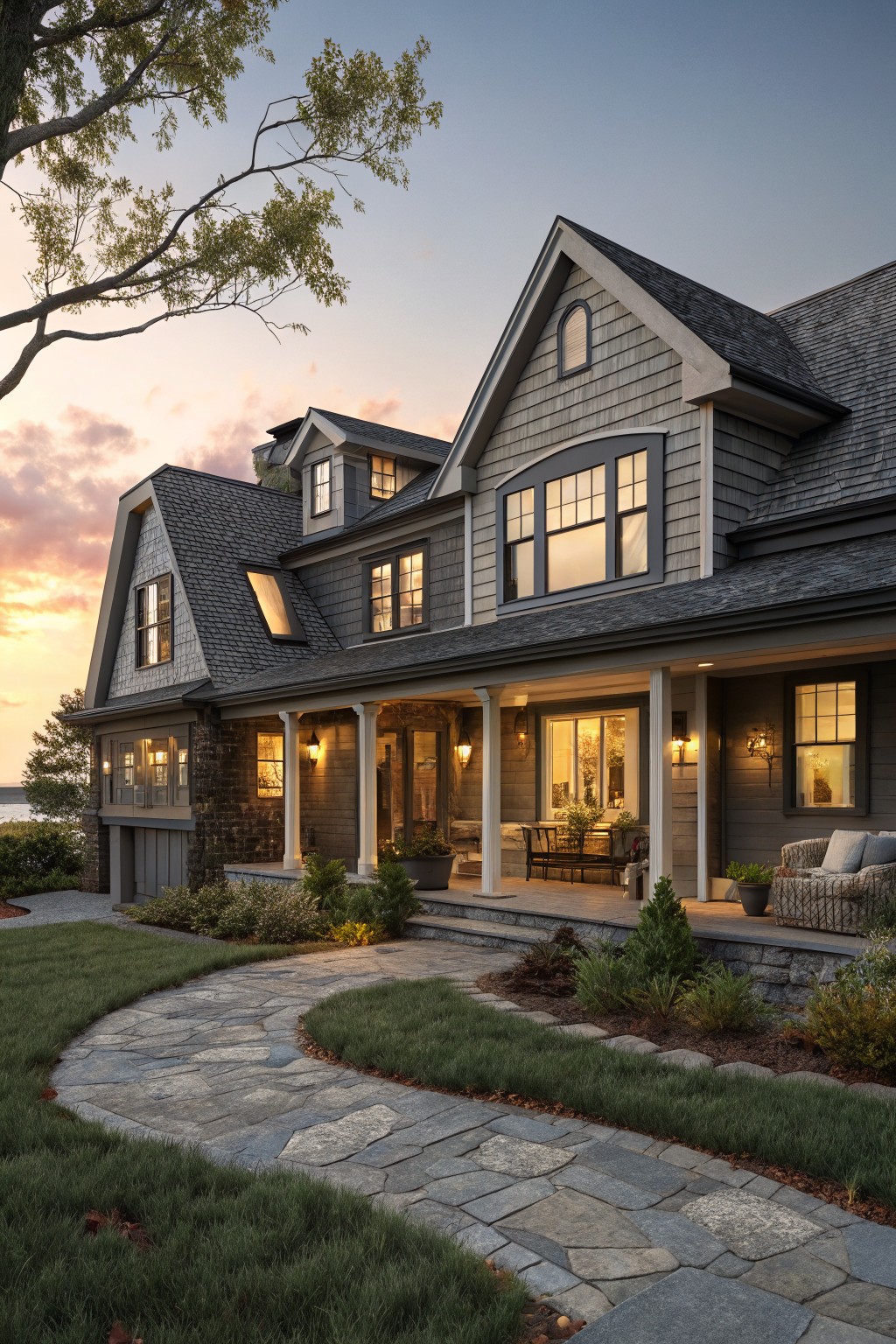 Gray shingle-clad Cape Cod house exterior with gabled roofs, wraparound porch supported by columns, stone foundation and garage, curved flagstone walkway through lawn and shrubs, waterfront view, and dusk lighting.