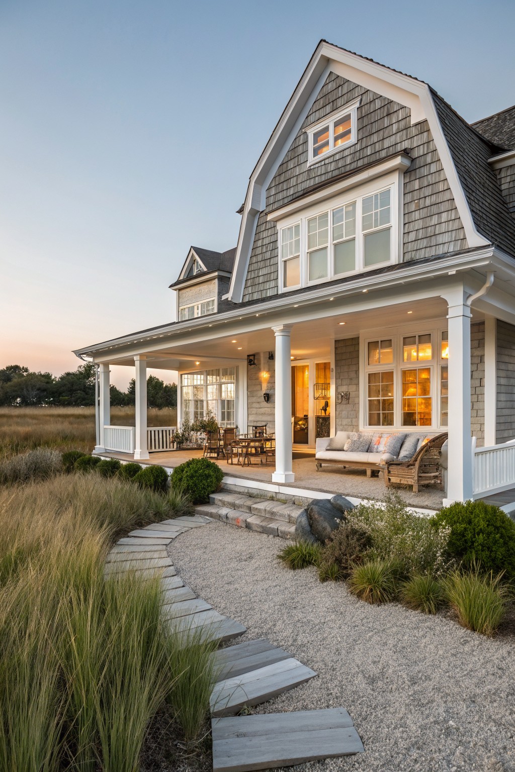 Two-story Cape Cod house with gray shingle siding, white wraparound porch with columns, large windows, outdoor seating, and a curved wooden boardwalk path through grasses and gravel leading to steps at dusk.