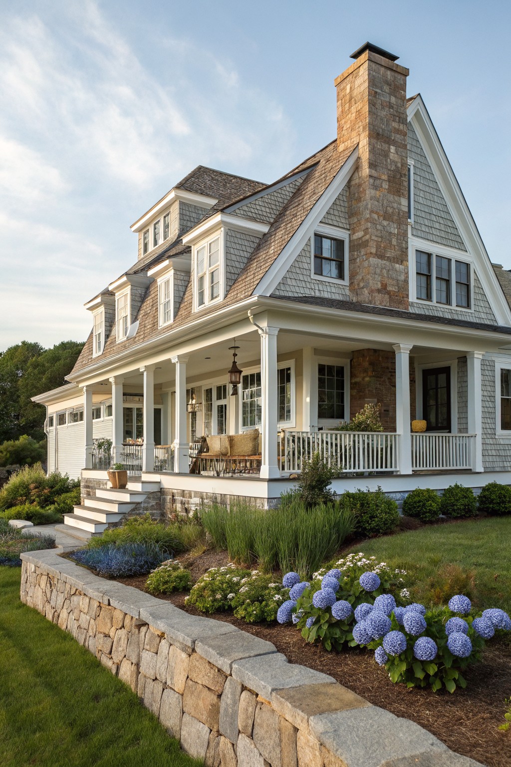 Two-story Cape Cod house exterior featuring gray shingle siding, multiple gabled roofs, white trim and columns on a wraparound porch, tan stone chimney and foundation, with front steps, landscaping including blue hydrangeas, and a stone retaining wall along a green lawn.