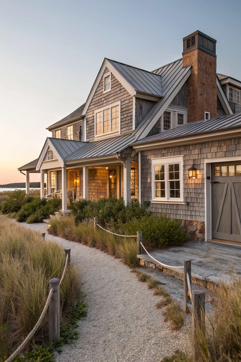 Gray shingled Cape Cod style house with standing-seam metal roofs, brick chimney, wraparound porch, garage door, and gravel path edged with rope through tall beach grasses near water at dusk.