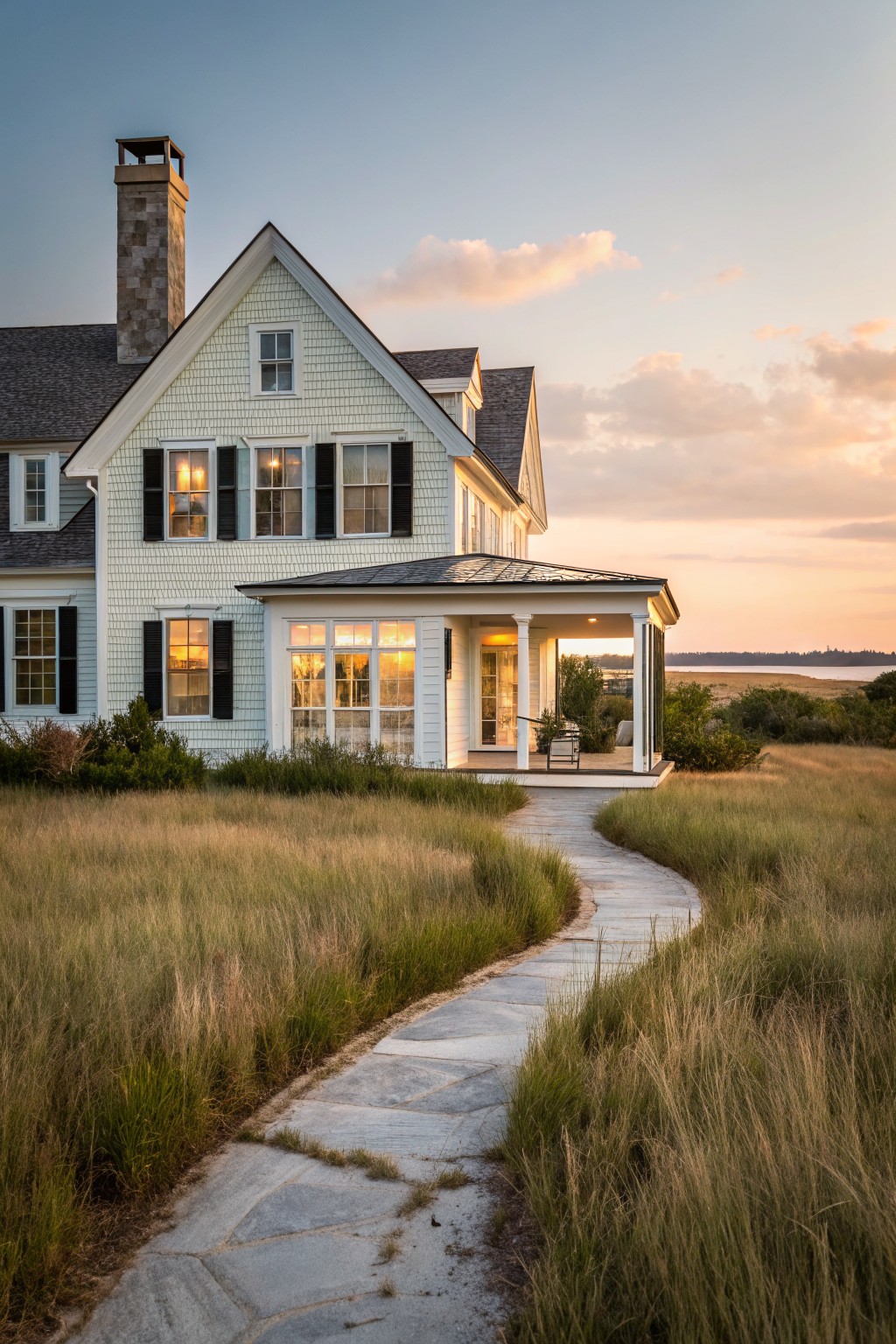 White shingled two-story Cape Cod house with black shutters and stone chimney, featuring a covered porch with glass walls and dark metal roof, stone path through tall grass leading to the porch at sunset with coastal marsh in background.