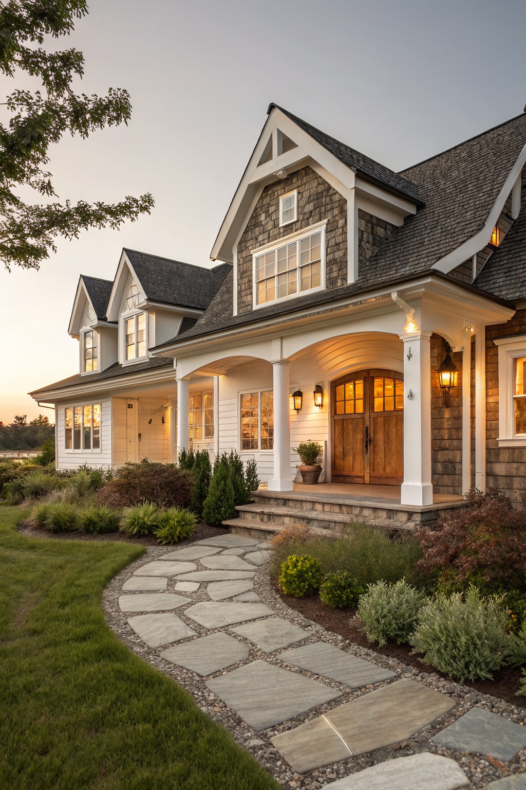 Two-story house with shingle siding, white trim, gabled dark roof, covered front porch supported by columns, double arched wood doors, wall lanterns, stone steps and pathway, shrubs, and grass at dusk.