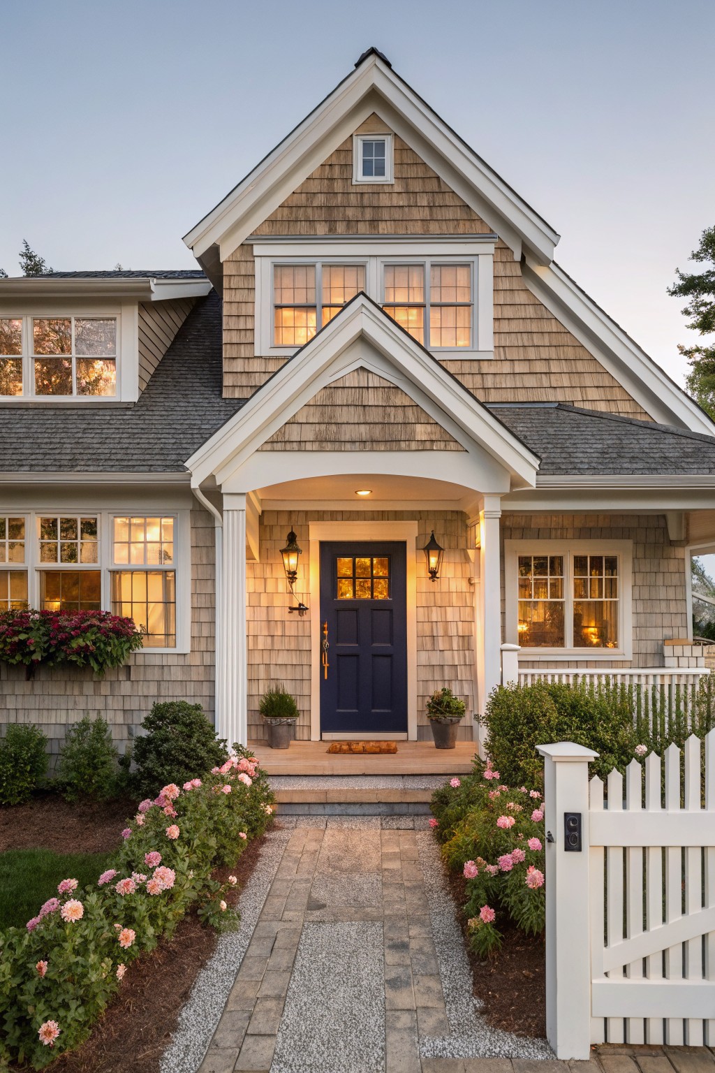 Front exterior of a shingle-clad Cape Cod style house with gabled porch supported by white columns, navy blue front door flanked by lanterns, white picket fence gate, brick pathway lined with pink rose bushes, and potted plants.
