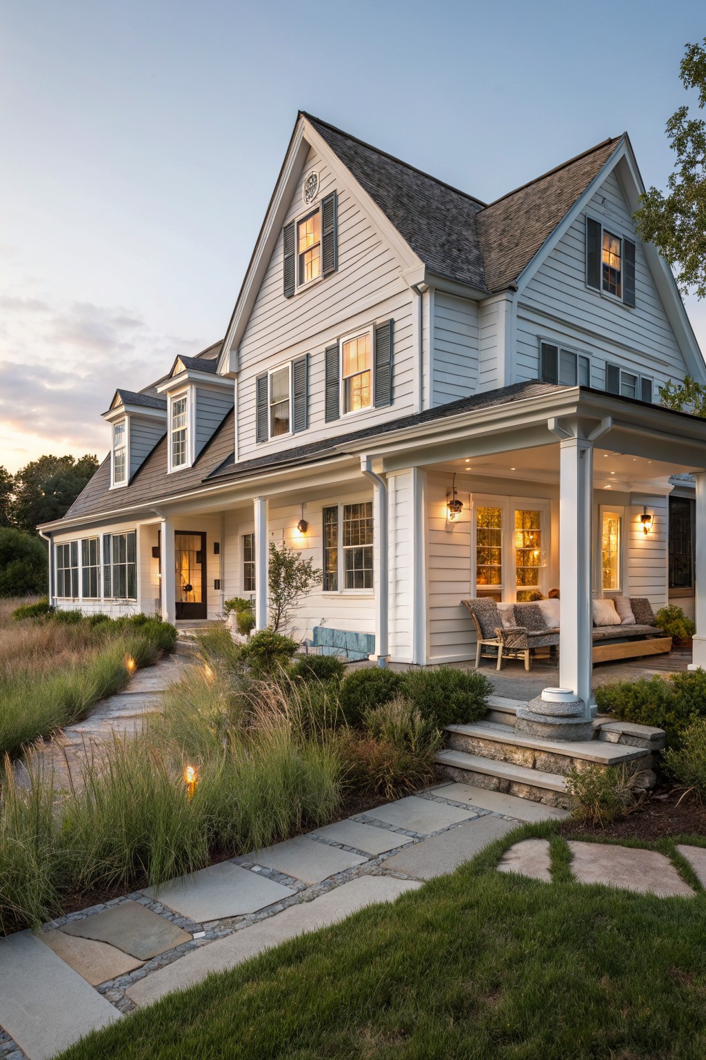 White clapboard Cape Cod house with gabled roofline and wraparound porch at dusk, featuring lit windows, outdoor seating, bluestone steps, and pathway through tall grasses.