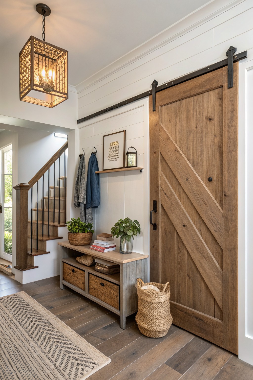 Modern farmhouse entryway with large sliding wooden barn door on shiplap wall, wooden console table holding baskets plants and books, coat hooks with jackets, and staircase nearby.