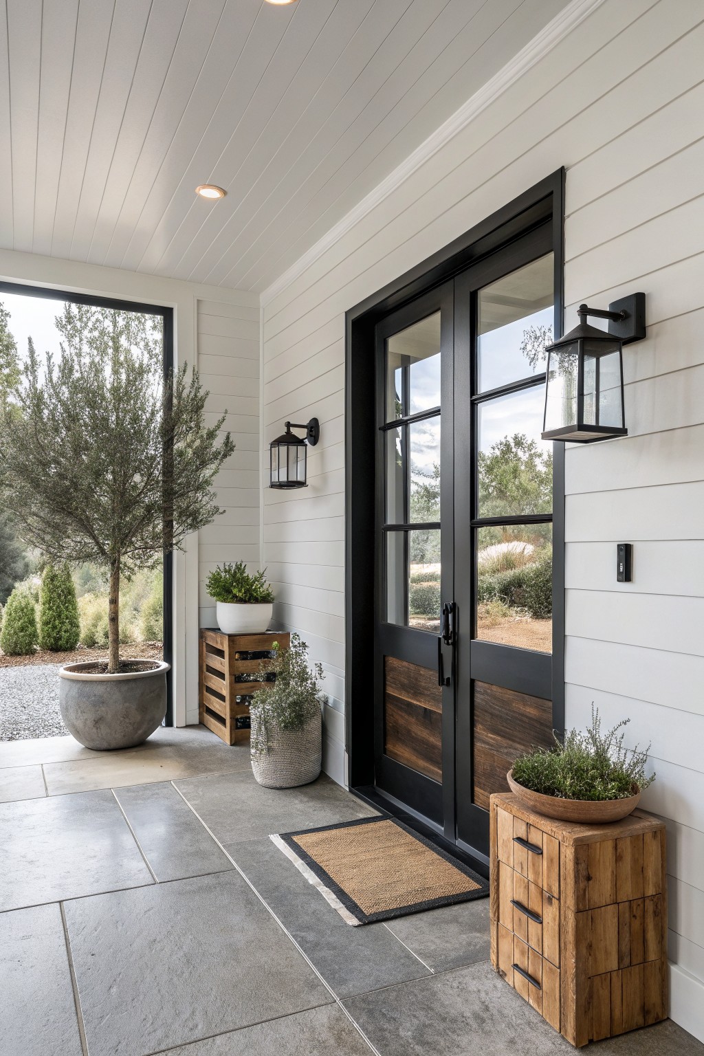 White shiplap exterior wall on a covered porch with black metal-framed glass double doors, wood lower panels, wall lanterns, potted olive tree and herbs, wooden crates and stools, stone tile floor, and doormat.