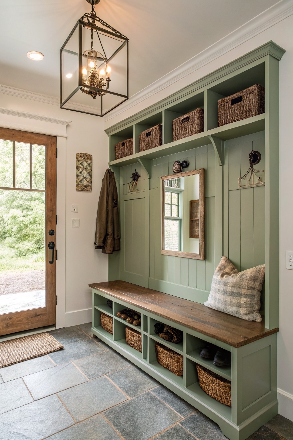 Sage green built-in wooden entryway cabinetry with bench seat, shoe cubbies, wicker baskets on shelves, coat hooks, wall mirror, and sconces next to an open wooden door on slate tile flooring.