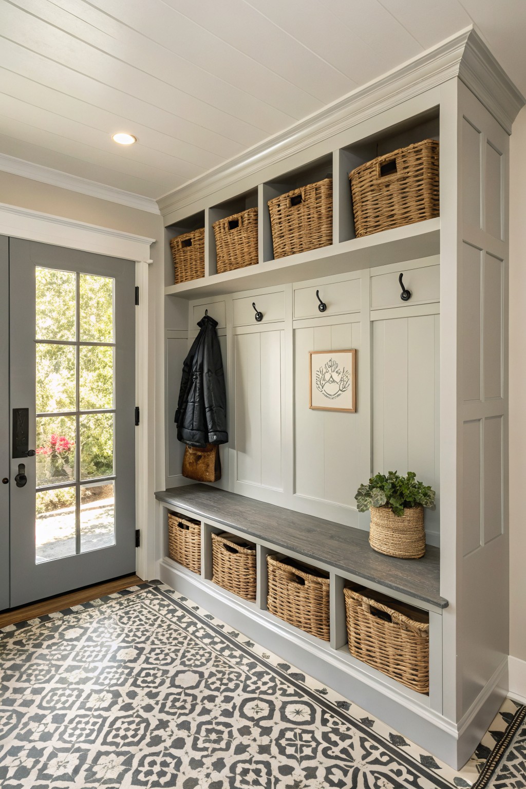 Tall built-in gray cabinets in an entryway with wicker baskets on open shelves, coat hooks, a framed sign, potted plant, bench seat with storage cubbies below, and a glass door to the outside over patterned tile flooring.