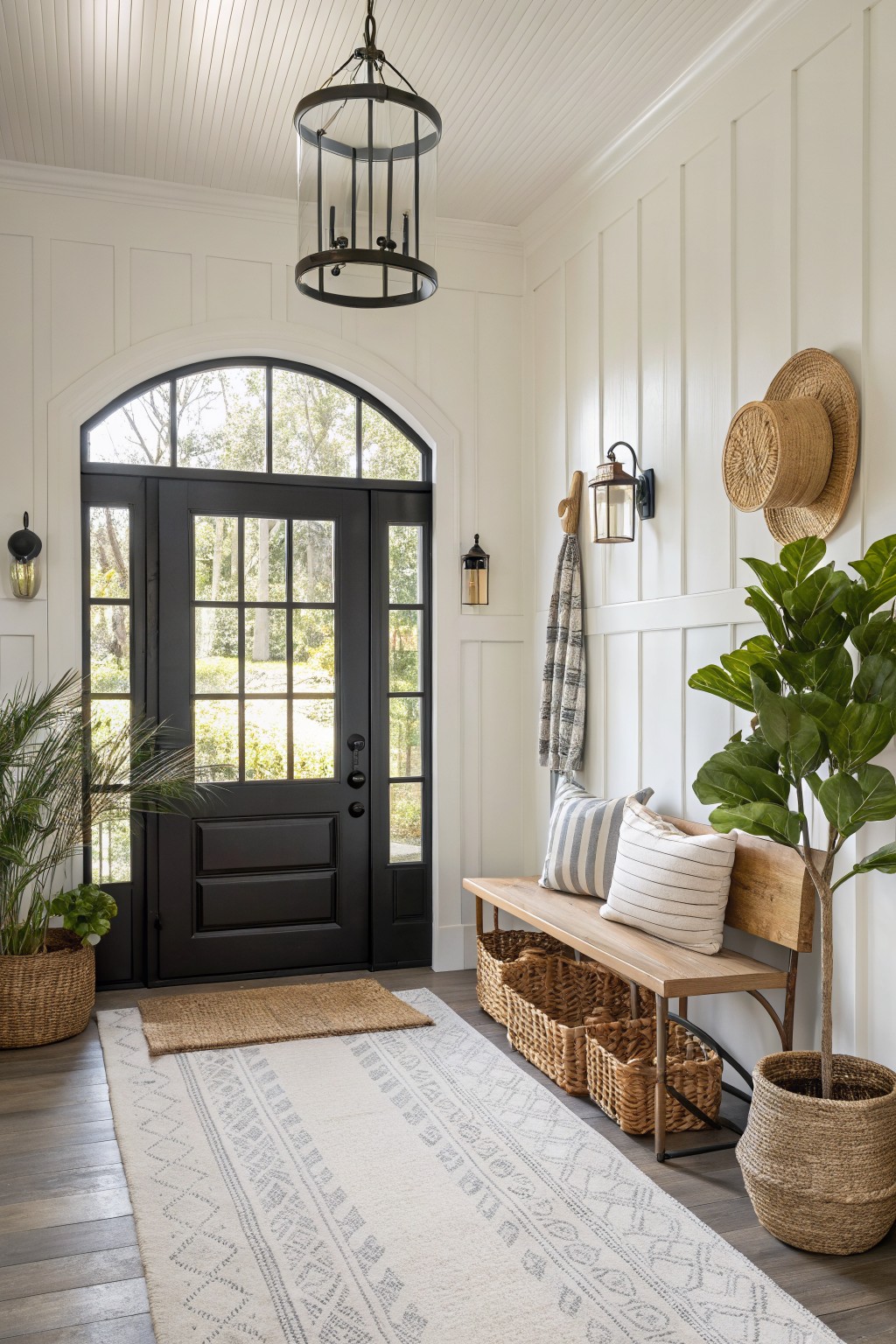 White board and batten entryway with black front door, wooden bench with pillows and woven baskets underneath, potted plants, hanging lantern light, and arched window.