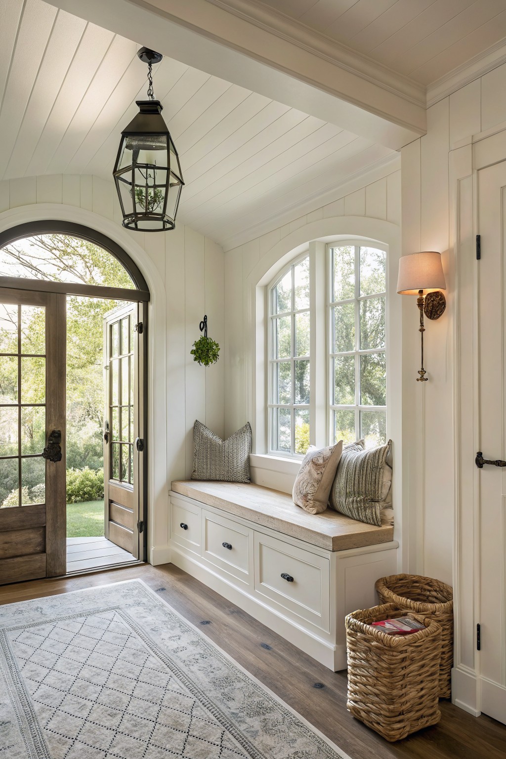 White paneled entryway with open wood double doors to garden, built-in bench seat with pillows and drawers under arched window, black metal pendant lantern overhead, wall sconce, wicker baskets, and light gray rug on wood floor.