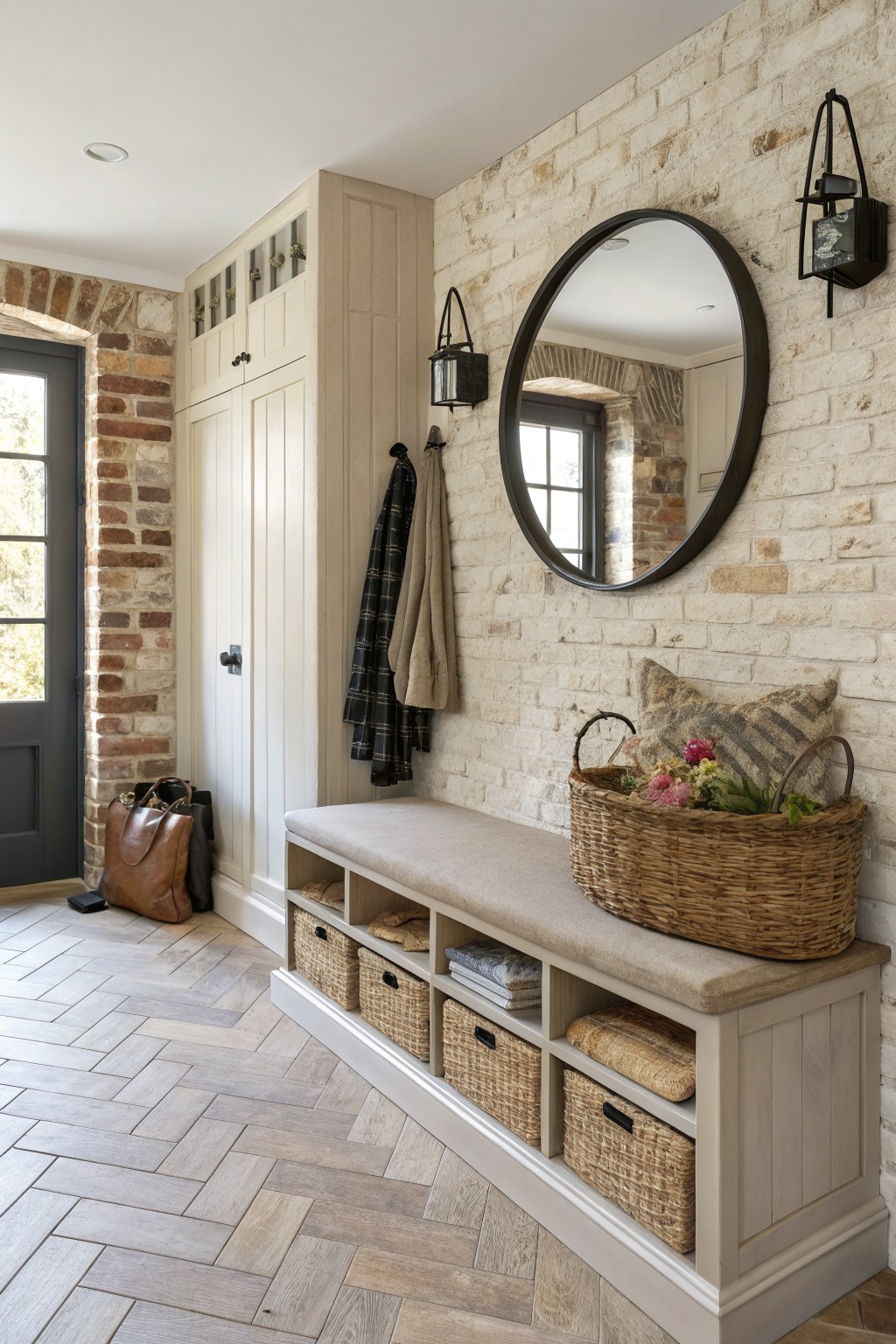 White wooden entryway bench with cushioned seat and lower cubbies holding wicker baskets, next to a tall cabinet, coats on hooks, large round black mirror on exposed brick wall, and herringbone wood floor.