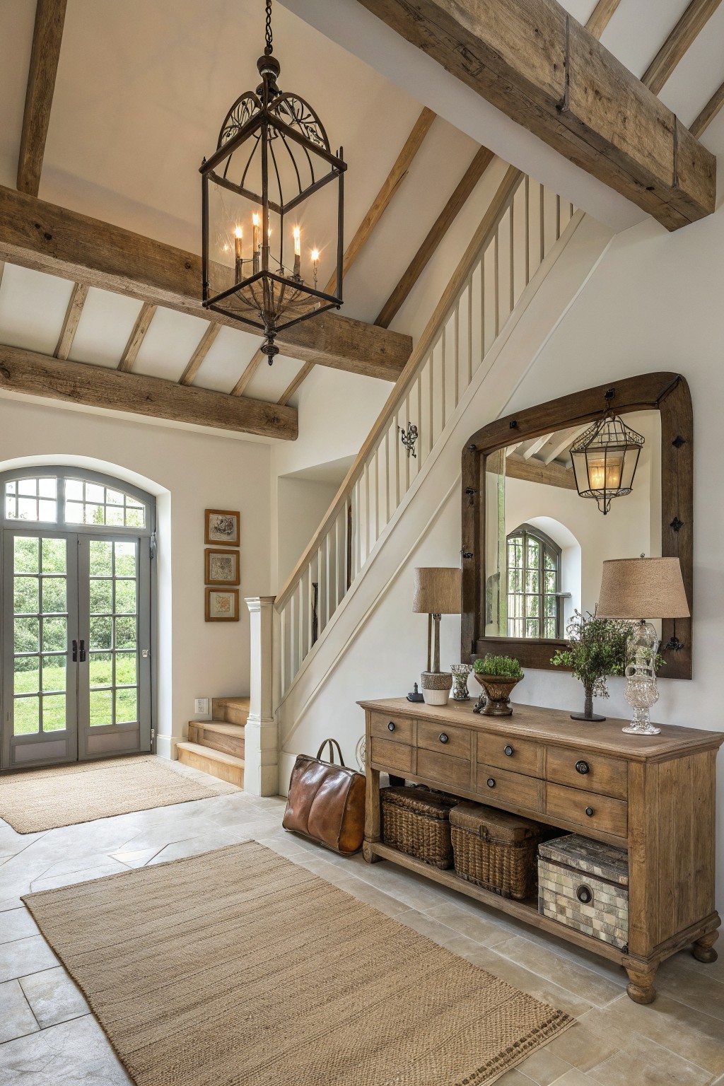 Spacious entryway with dark exposed wooden beams on white vaulted ceiling, white staircase, wooden console table topped with lamp mirror plants and bag, large arched mirror, and gray French doors to garden.