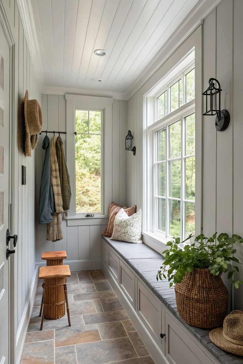 Narrow interior mudroom with light gray shiplap walls and wood plank ceiling, coat rack holding jackets and hats, built-in cushioned bench under large multi-pane window with forest view, storage drawers below bench, small woven stool, potted plant in basket, and stone tile floor.