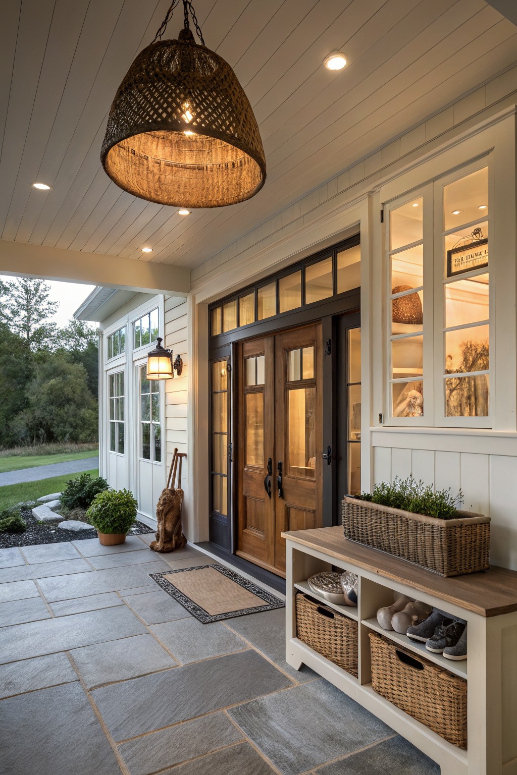 Wooden entry bench with wicker basket storage and shoe cubbies positioned next to a double front door on a covered porch with stone pavers, plants, and a rattan hanging light.