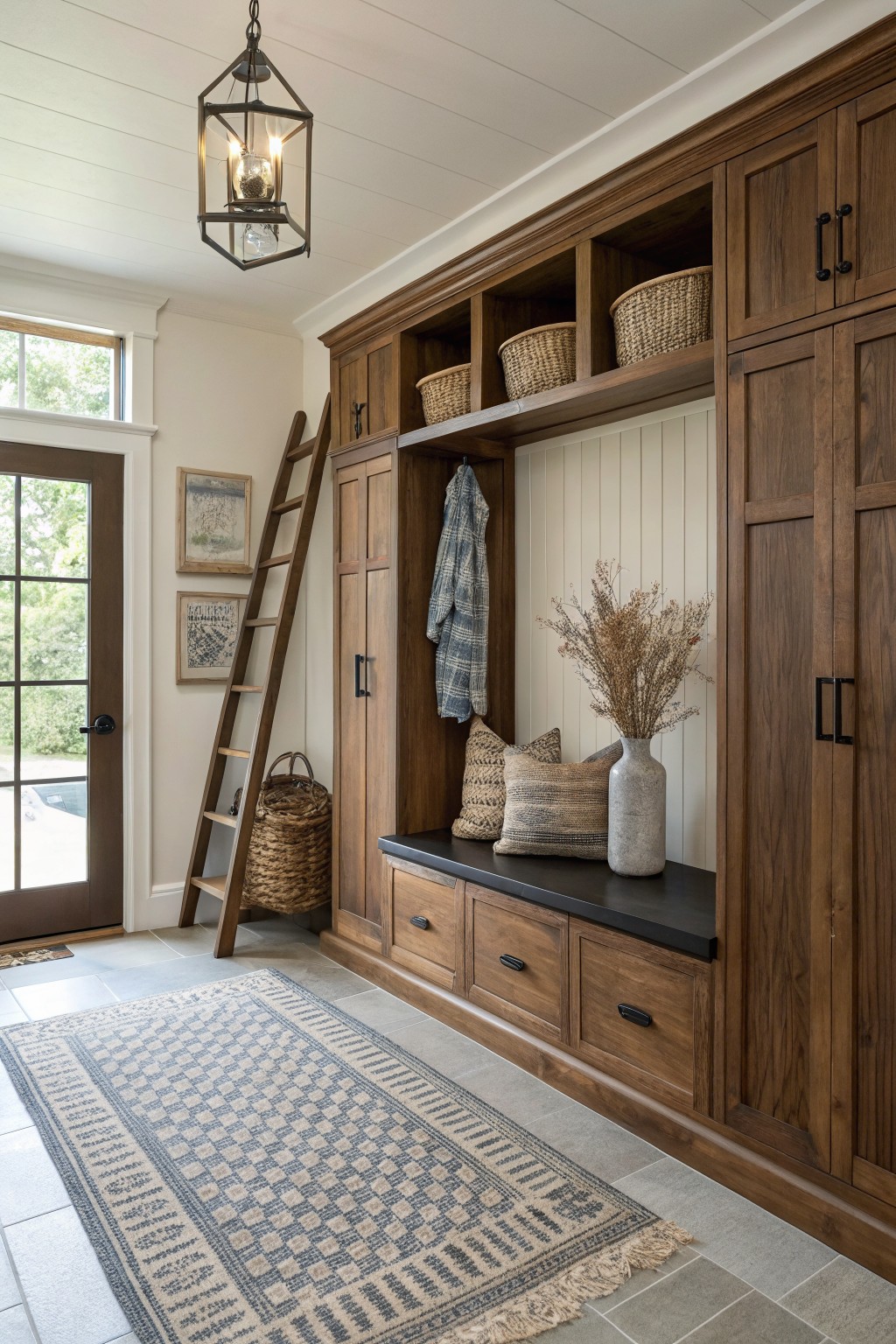 Wooden built-in entryway cabinets with open shelves holding woven baskets, coat hooks with hanging jacket, built-in black-topped bench with pillows and vase, ladder shelf nearby, on a tiled floor with woven rug.