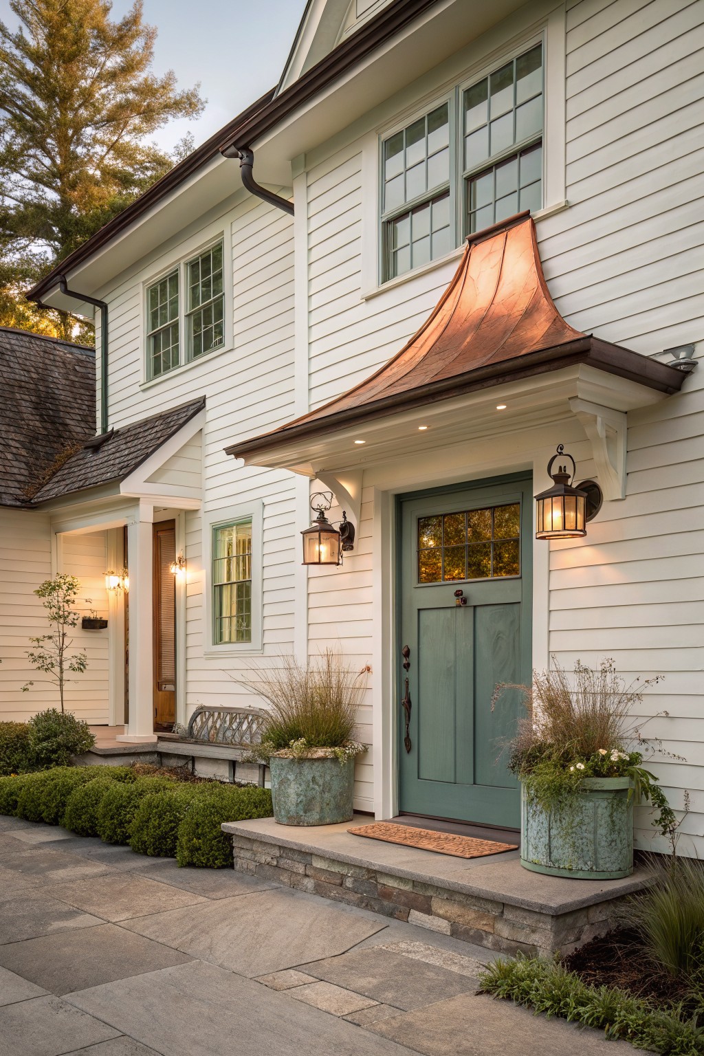 White clapboard house exterior with curved copper awning over teal front door, flanked by lanterns, potted plants in galvanized buckets, stone steps, and bluestone pathway.