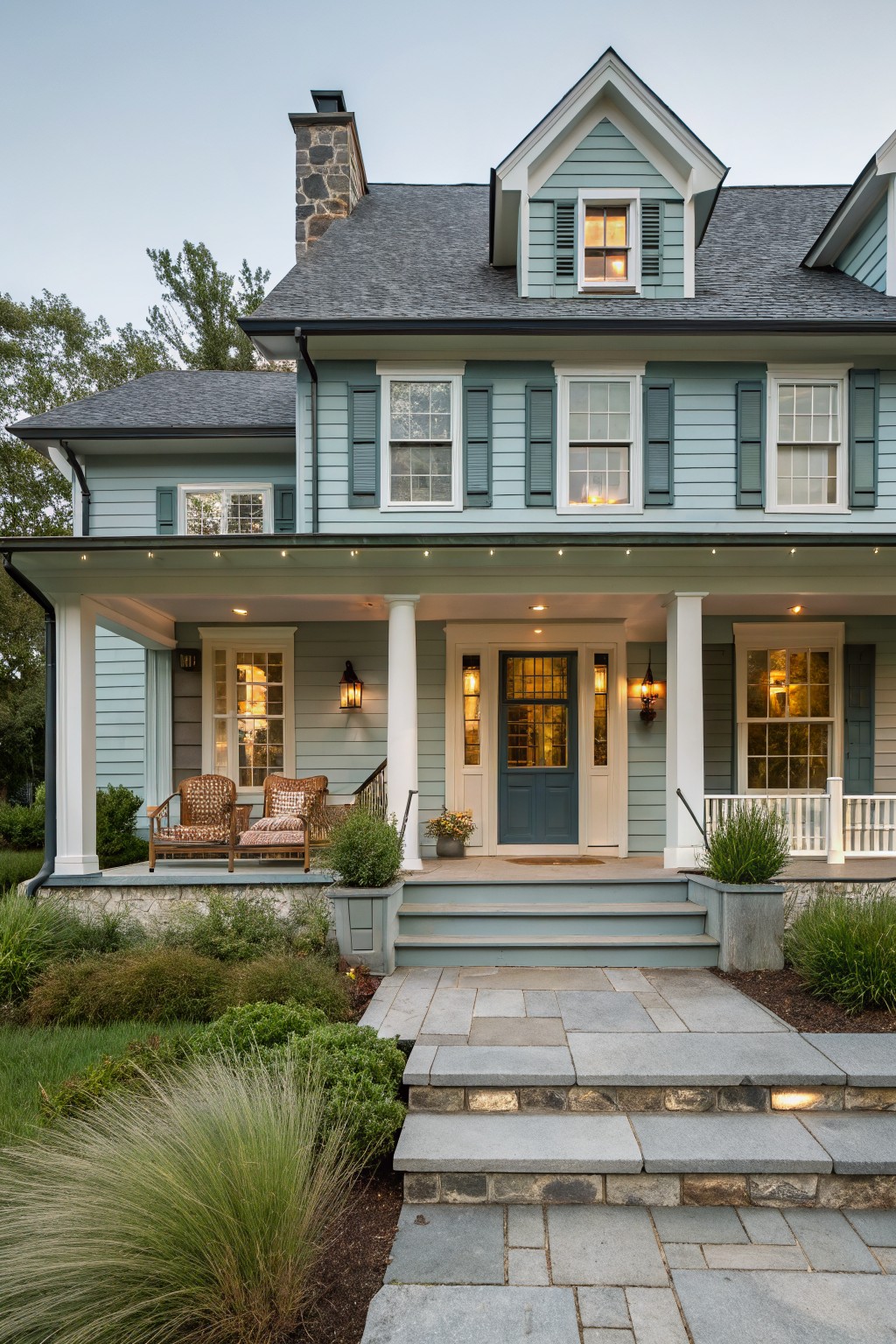 Front view of a two-story light blue clapboard house with gabled roof, stone chimney, dark slate roof, white porch columns, navy double front doors, wicker chairs on porch, stone steps, and ornamental grasses nearby.