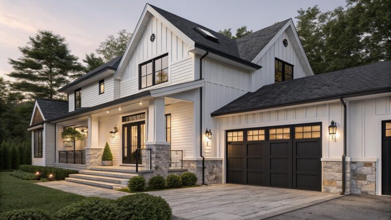 20 Modern Farmhouse Exterior Accent Colors That Create Contrast Two-story modern farmhouse exterior with white shiplap siding, black-framed windows and double doors, stone entry surround, black metal porch railing and garage door, flanked by landscaping at dusk.