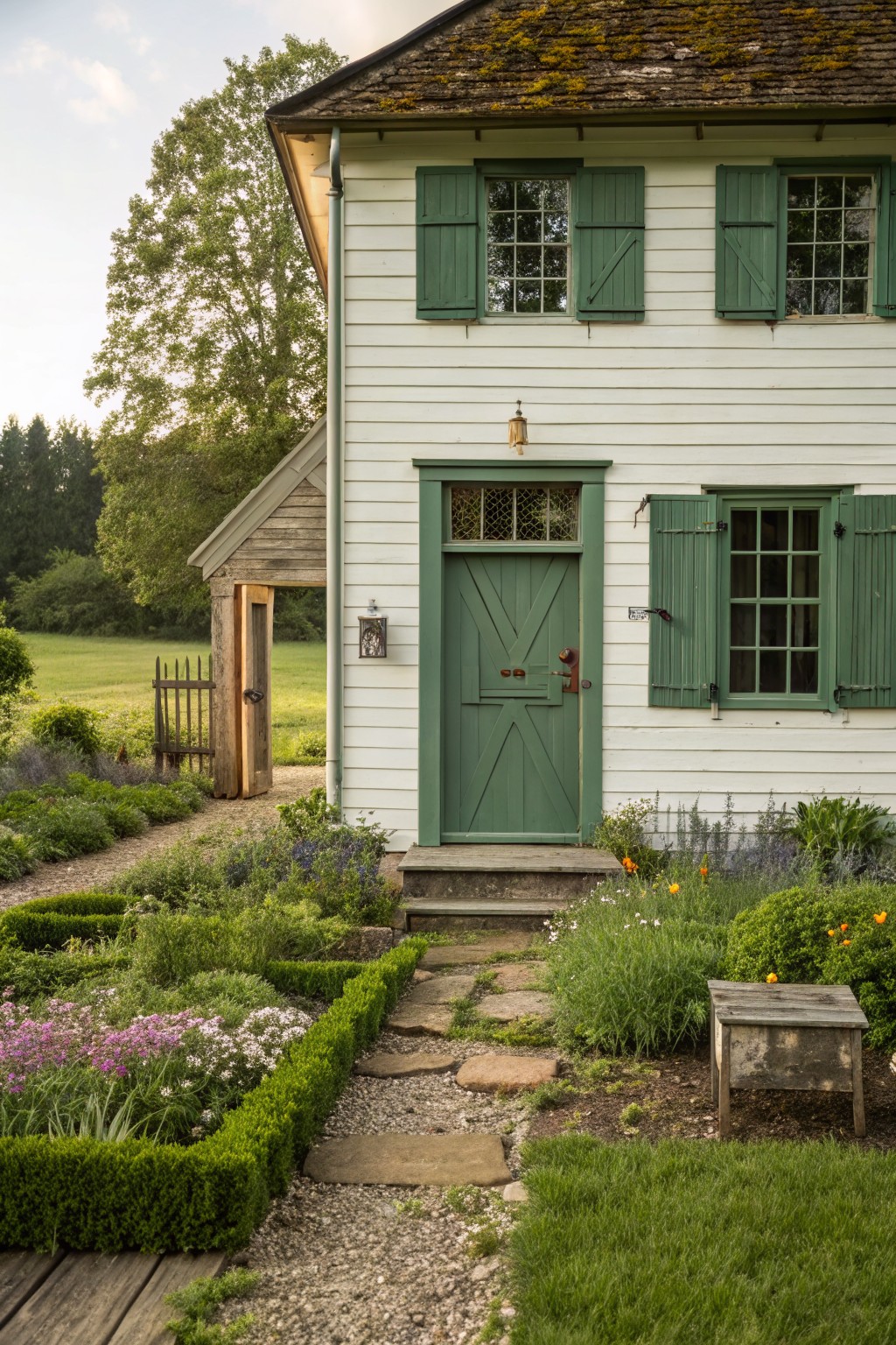 White clapboard house with green shutters on multi-pane windows, a green paneled door with transom, stone pathway, boxwood hedges, flower beds, and a wooden garden bench in a lush yard.