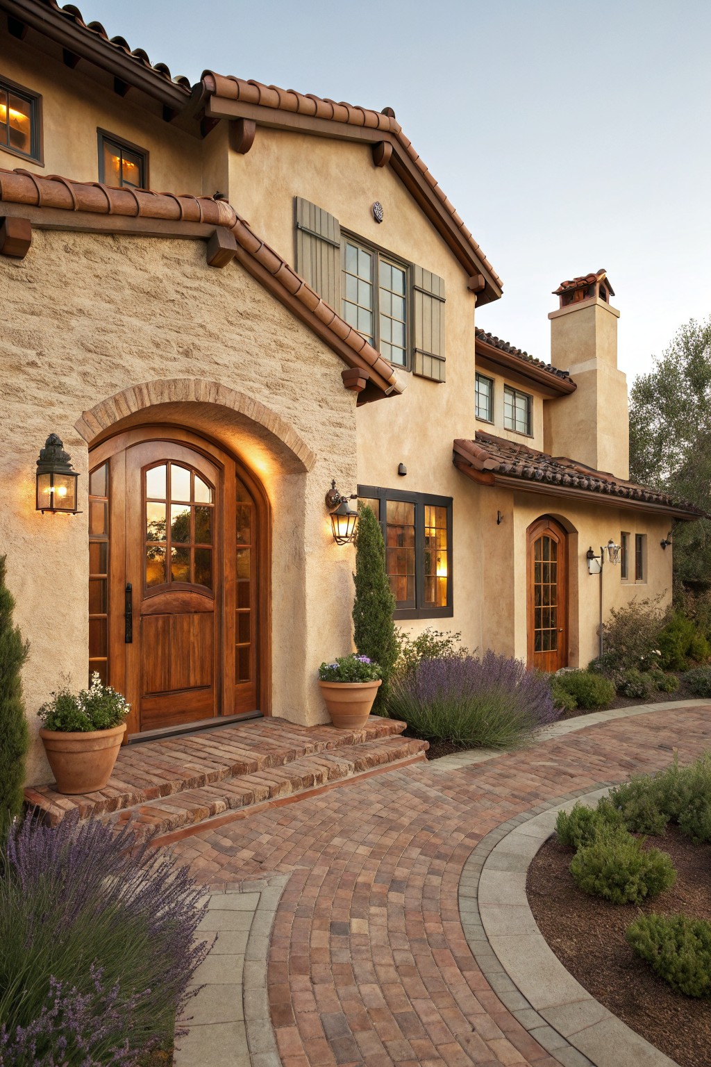 Beige stucco house exterior with terracotta tile roof, arched wooden front door, brick steps and curved pathway, lavender plants, potted flowers, and lanterns.