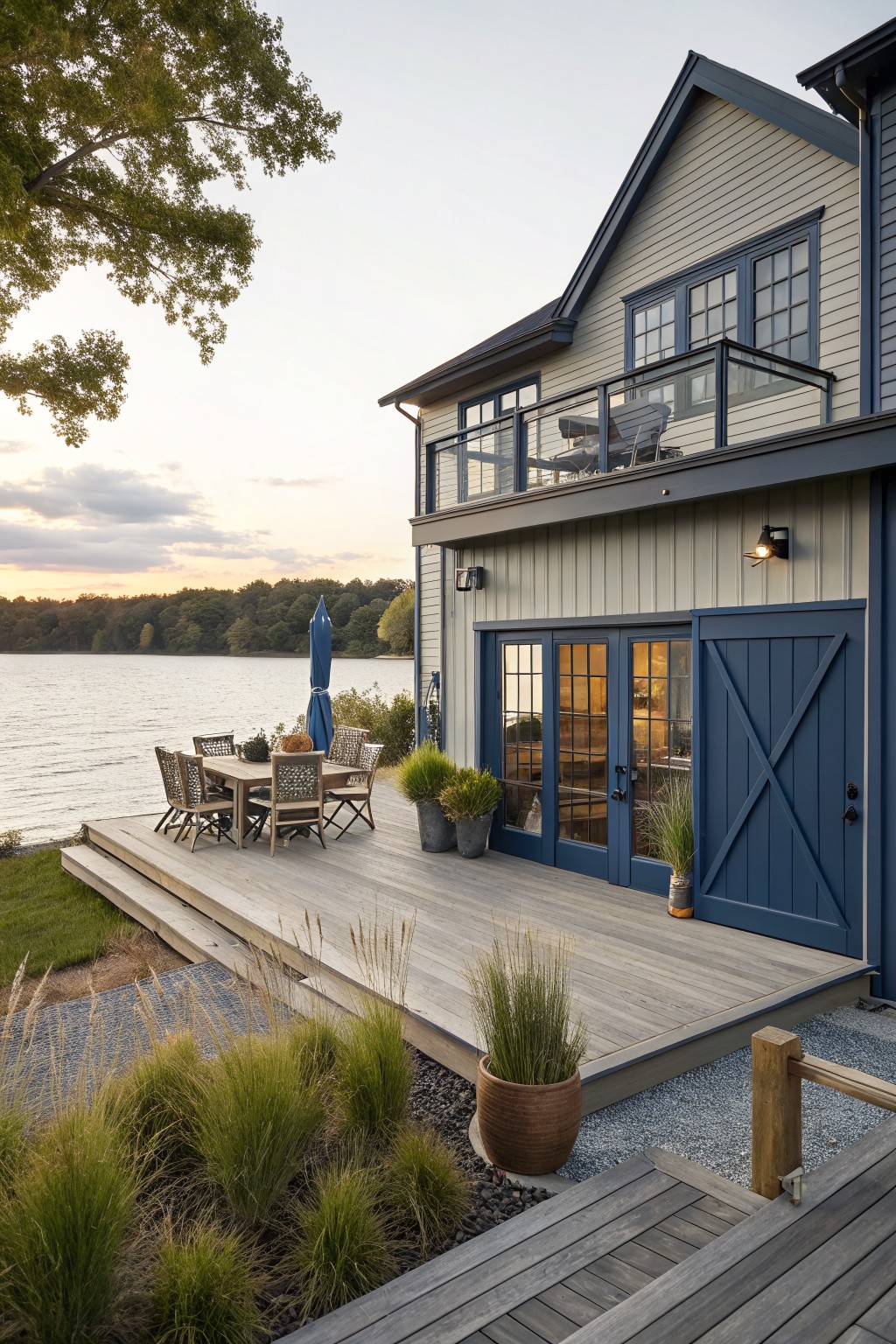 Side view of a modern farmhouse with light gray vertical siding, navy blue sliding doors and garage door, wooden deck with wicker furniture and potted plants overlooking a lake at dusk.