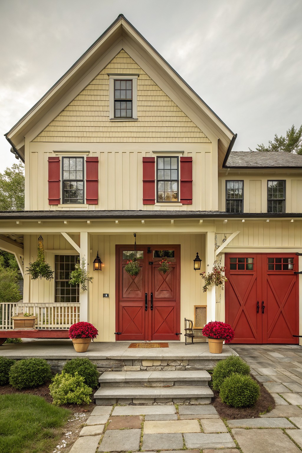 Front view of a two-story modern farmhouse with pale yellow shingle siding, red shutters on windows, red double entry doors, red double garage doors, covered porch with hanging plants and lanterns, potted flowers, stone steps, and low shrubs in the front yard.