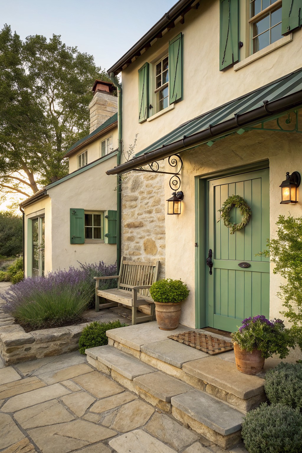 House exterior featuring a green paneled front door with wreath, green shutters on windows, stucco walls, stone elements, lantern lights, wooden bench, potted plants, lavender garden, and stone steps.