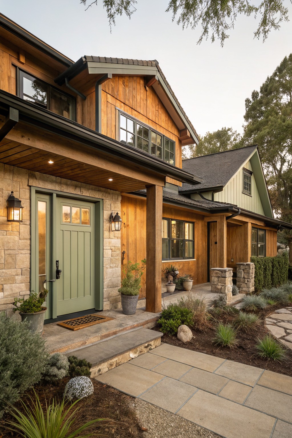 Two-story house exterior with warm-toned horizontal wood siding, dark green wood front door with glass panels in a stone surround, covered porch with timber posts and recessed lighting, flanked by potted plants and low native shrubs along a stone path.