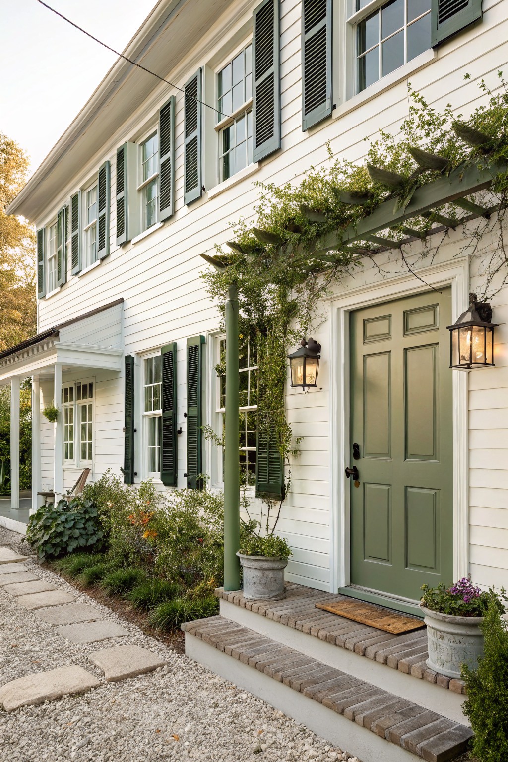 White clapboard house exterior with green shutters on windows, sage green paneled front door flanked by lanterns, brick steps, potted plants, and gravel path.