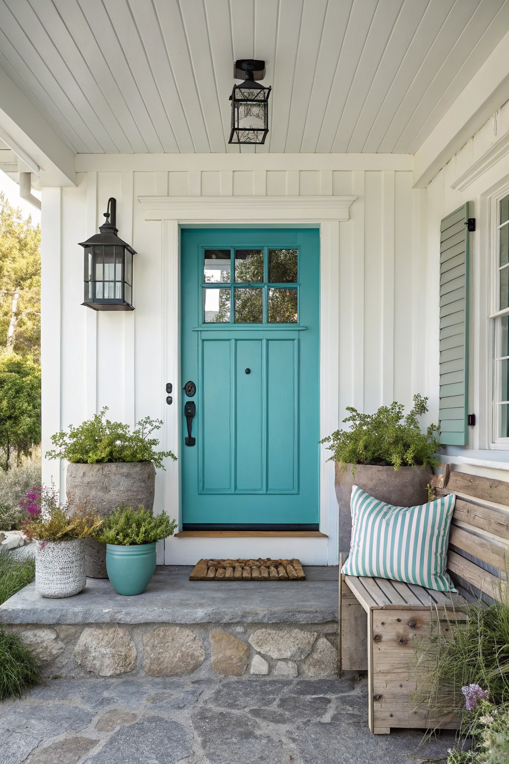 White board-and-batten sided modern farmhouse porch with turquoise paneled front door, black lanterns, potted plants on stone steps, doormat, and wooden bench with striped cushions.